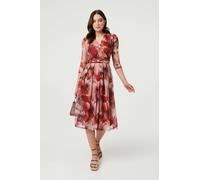 Izabel London Floral 3/4 Sleeve Mesh Midi Wrap Dress - 14 - Rust