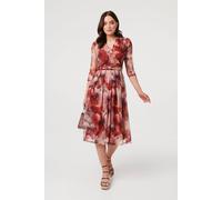 Izabel London Floral 3/4 Sleeve Mesh Midi Wrap Dress In Red Red