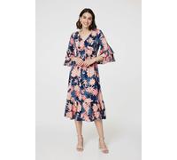 Izabel London Floral 3/4 Sleeve Ruffled Midi Dress - Navy - 10