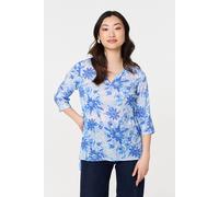 Izabel London Floral 3/4 Sleeve Tie Detail Blouse Made from a Viscose Blend, for Women UK with a v-Neck. Blue