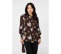 Izabel London Floral Balloon Sleeve Semi Sheer Shirt - 16 - Brown