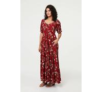 Izabel London Floral Bardot Shirred Empire Maxi Dress Red 22