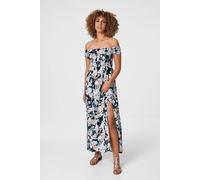 Izabel London Floral Bardot Shirred Maxi Dress In Blue Blue 12