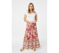 Izabel London Floral Border Print Maxi Skirt for Women UK with Elasticated Waist and Tiered Ankle Length Hem. Pink