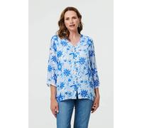 Izabel London Floral Button Front Curve Hem Tunic In Blue Blue 16