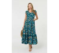 Izabel London Floral Cap Sleeve Lace Trim Maxi Dress for Women UK with a v-Neck, Buttons and a Shirred Waist. Teal