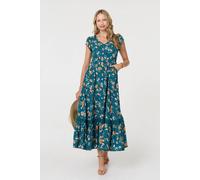 Izabel London Floral Cap Sleeve Lace Trim Maxi Dress - 16 - Teal