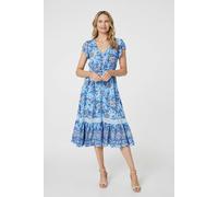 Izabel London Floral Cap Sleeve Lace Trim Midi Dress - Blue - 18