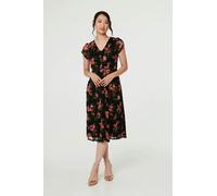 Izabel London Floral Cap Sleeve Shirred Midi Dress for Women UK with a v-Neck, Buttons and semi Sheer Layer. Black