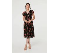 Izabel London Floral Cap Sleeve Shirred Midi Dress for Women UK with a v-Neck, Buttons and semi Sheer Layer. Black