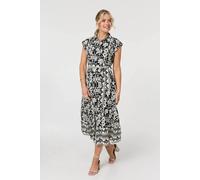 Izabel London Floral Cap Sleeve Tie Midi Shirt Dress - 12 - Black