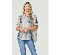 Izabel London Floral Collarless Short Sleeve Blouse - Blue - 24