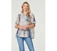 Izabel London Floral Collarless Short Sleeve Blouse - Blue - 26