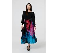 Izabel London Floral Contrast Print Tie Waist Midi Dress for Women UK with Short Sleeves and a Round Neck.