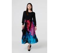 Izabel London Floral Contrast Print Tie Waist Midi Dress In Black Black