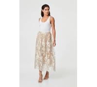 Izabel London Floral Embellished High Waist Midi Skirt - Cream - 12