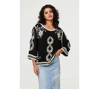 Izabel London Floral Embroidered 3/4 Sleeve Blouse In Black Black S/M