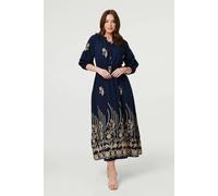 Izabel London Floral Embroidered 3/4 Sleeve Maxi Dress for Women UK with a Relaxed fit and a Tassel tie Neck. Navy