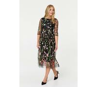 Izabel London Floral Embroidered Mesh Midi Dress - 8 - Black
