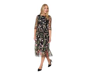 Izabel London Floral Embroidered Mesh Midi Dress for Women UK with semi Sheer 3/4 Sleeves and a Layered Skirt. Black