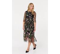 Izabel London Floral Embroidered Mesh Midi Dress for Women UK with semi Sheer 3/4 Sleeves and a Layered Skirt. Black