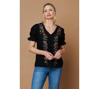 Izabel London Floral Embroidery Puff Sleeve Blouse - 8 - Black