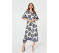 Izabel London Floral Flared Sleeve Ruched Midi Dress In Blue Blue