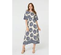 Izabel London Floral Flared Sleeve Ruched Midi Dress - Navy - 12