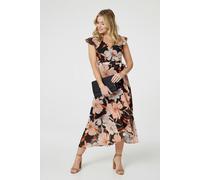 Izabel London Floral Frill Asymmetric Wrap Midi Dress - 14 - Black