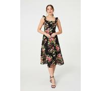 Izabel London Floral Frill Sleeveless A-Line Midi Dress - Black - 14
