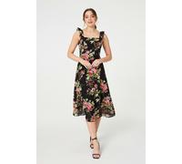 Izabel London Floral Frill Sleeveless A-Line Midi Dress - Black - 16