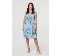 Izabel London Floral Frilled Hem Knee Length Dress - 10 - Blue