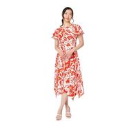 Izabel London Floral Hanky Hem Short Sleeve Midi Dress for Women UK with a Flared fit and Short Sleeves. Orange