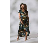 Izabel London Floral High Low Wrap Maxi Dress for Women UK with V-Neck, wrap Front, Short Sleeves and Maxi Skirt. Teal