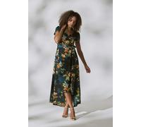 Izabel London Wrap Tea Dress for Women UK with v-Neck, Cap Sleeves, high Low Hem and Maxi Skirt. Teal