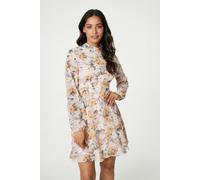 Izabel London Floral High Neck Short Dress for Women UK with a high Neck, Long Sleeves and a Short Skater Skirt. Pink