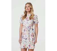 Izabel London Floral High Neck Tie Waist Short Dress - White - 16