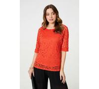 Izabel London Floral Lace 3/4 Sleeve Relaxed Blouse - Coral - 10