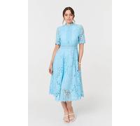 Izabel London Floral Lace Cut Out Frilled Trim Midi Dress - Blue - 8