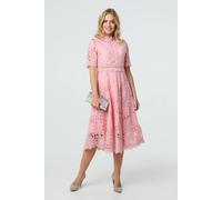 Izabel London Floral Lace Cut Out Frilled Trim Midi Dress - Pink - 8