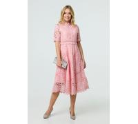 Izabel London Floral Lace Cut Out Frilled Trim Midi Dress - Pink - 10