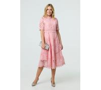 Izabel London Floral Lace Cut Out Frilled Trim Midi Dress - Pink - 8