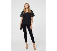 Izabel London Floral Lace Detail Flared Sleeve Blouse In Black Black 12