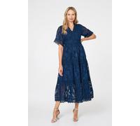 Izabel London Floral Lace Frill 1/2 Sleeve Midi Dress - 10 - Navy