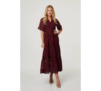 Izabel London Floral Lace Frill 1/2 Sleeve Midi Dress In Red Red 8