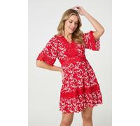 Izabel London Floral Lace Trim 1/2 Sleeve Mini Dress - Red - 10