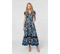 Izabel London Floral Lace Trim Cap Sleeved Maxi Dress In Blue Blue