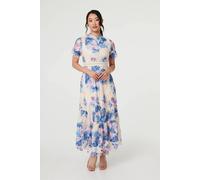 Izabel London Floral Lace Trim High Neck Maxi Dress In Blue Blue