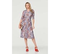 Izabel London Floral Layered V-Neck Midi Dress for Women UK with mesh, v-Neck and midi Length Layered Hem. Grey
