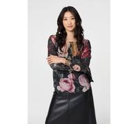 Izabel London Floral Long Puff Sleeve Pleated Blouse - 10 - Black